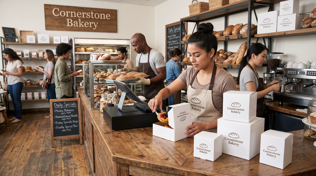 A bakery with a woman packing a pastry in a box labeled Cornerstone backer by a register. Lots of other boxes with the logo are out on the table.