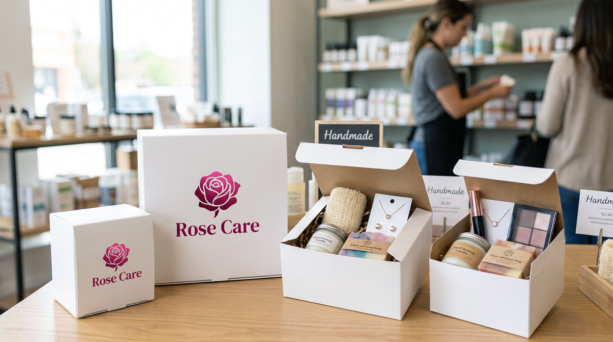 A collection of boxes with pink foil lettering reading "Rose Care" with candles and other personal care items. Two people are looking at the shelves in the back.