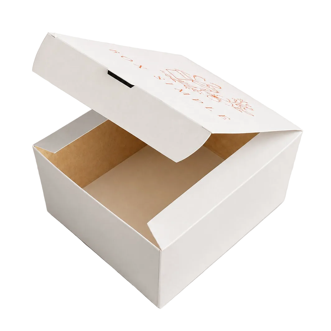 A white cardboard product box with its lid partially open, showing a brown kraft interior. The lid has a small orange graphic and text printed on it, photographed on a clean light gray background.