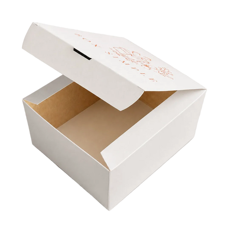A white cardboard product box with its lid partially open, showing a brown kraft interior. The lid has a small orange graphic and text printed on it, photographed on a clean light gray background.